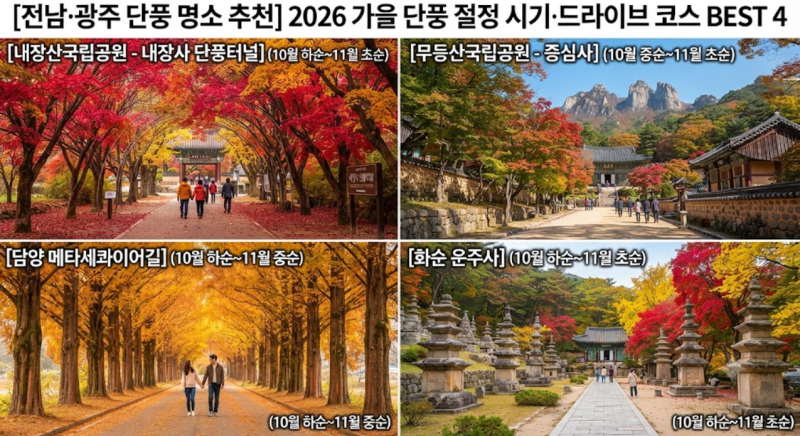 [전남·광주 단풍 명소 추천] 2026 가을 단풍 절정 시기·드라이브 코스 BEST 4 | 내장산·무등산·....