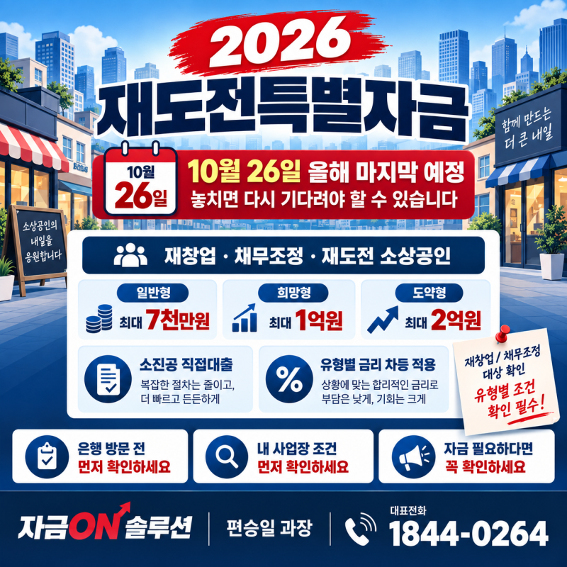 재도전특별자금 10월 26일 올해 마지막 접수 예정! 폐업·재창업·채무조정 소상공인 최대 2억....