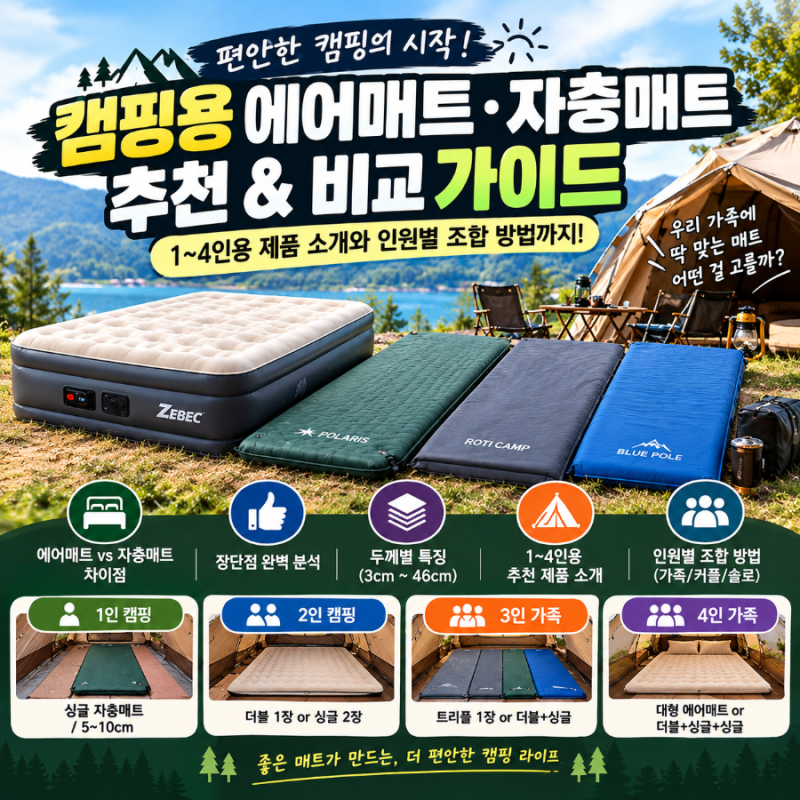 캠핑용 에어매트 자충매트 추천｜1~4인용 제품 비교와 인원별 조합 방법