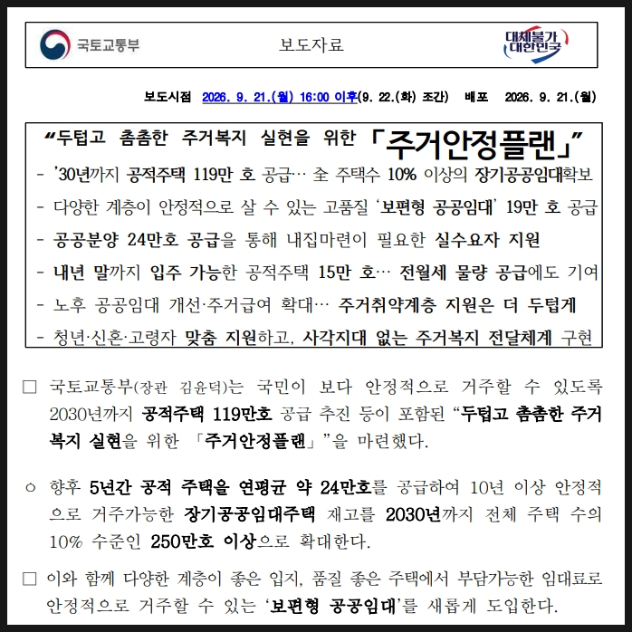 2030년까지 주거안정플랜 발표, 보편형 공공임대 도입, 청년월세지원사업 확대, 신혼부부 페....