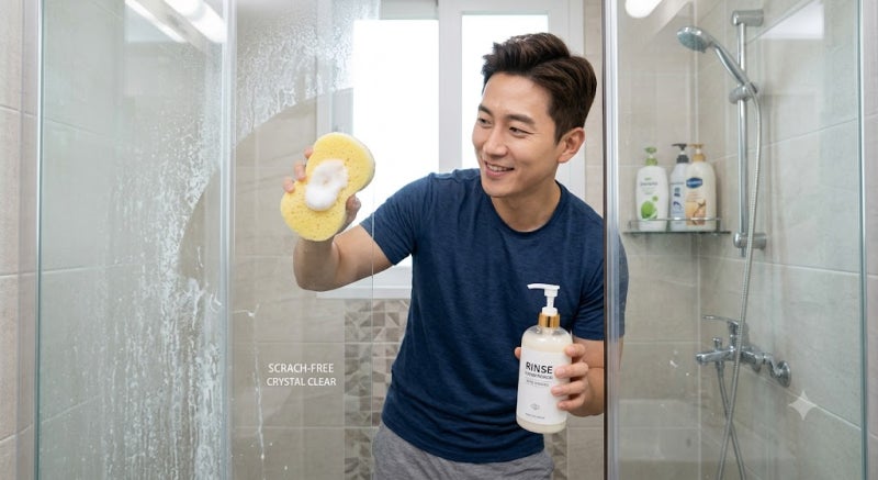 샤워부스 유리에 낀 하얀 물때, 린스와 스펀지 하나로 스크래치 없이 투명하게 닦아낸 썰