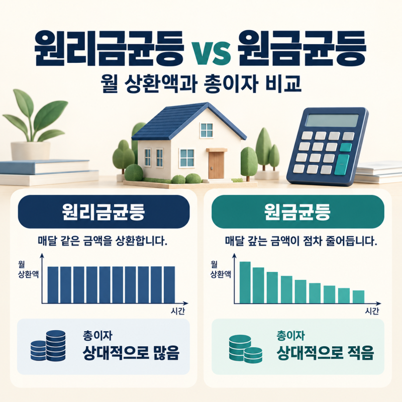 원리금균등상환과 원금균등상환 차이, 총이자는 얼마나 다를까?