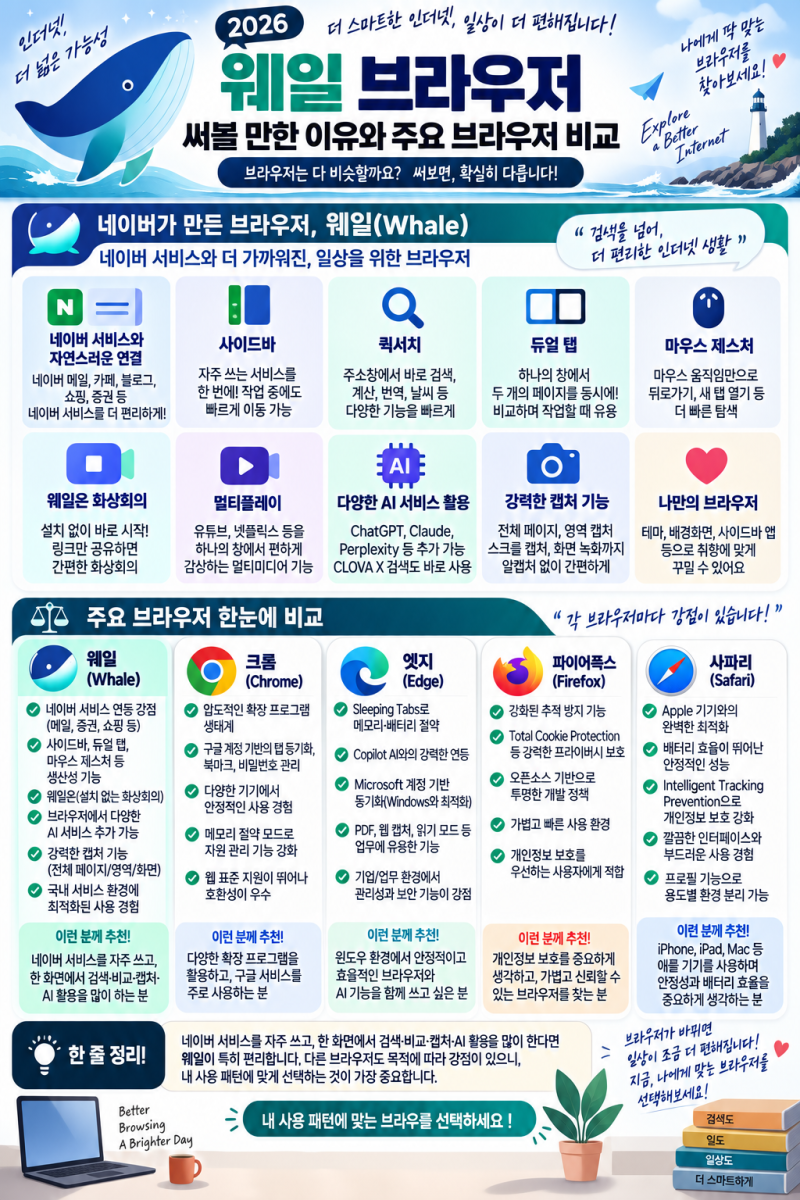 2026 웨일 브라우저를 꼭 써봐야 하는 이유 7가지｜크롬·엣지·파이어폭스·사파리 비교