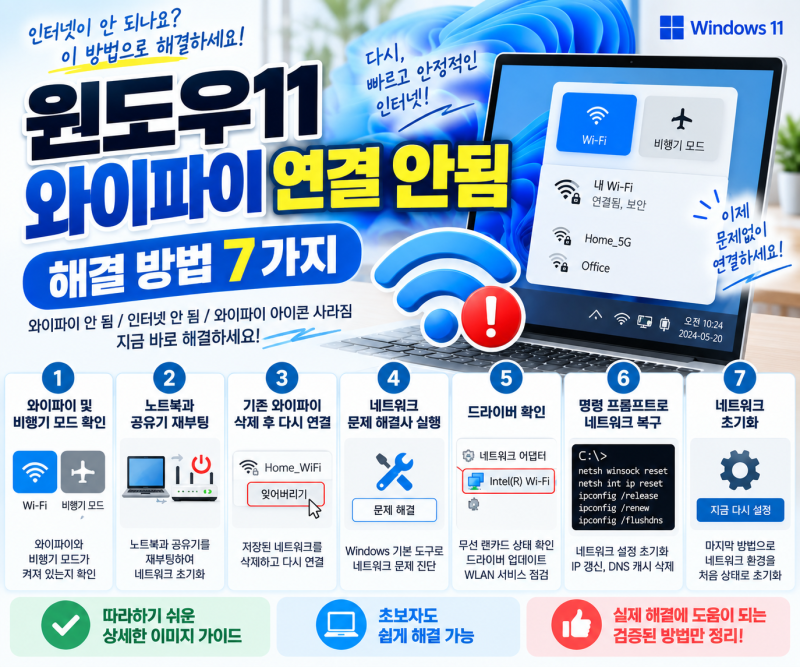 윈도우11 와이파이 연결 안됨 해결 방법 7가지｜노트북 인터넷 안 될 때