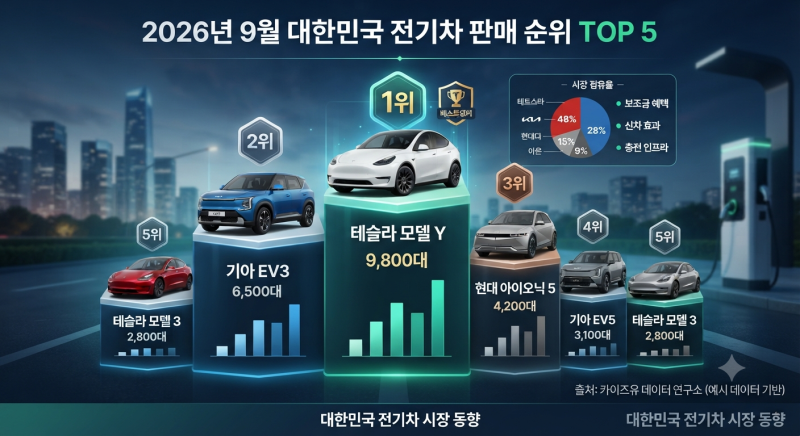 2026년 9월 현재, 국내 전기차 시장 판매 순위 및 인기 모델 총정리 (국산·수입 완벽 분석)