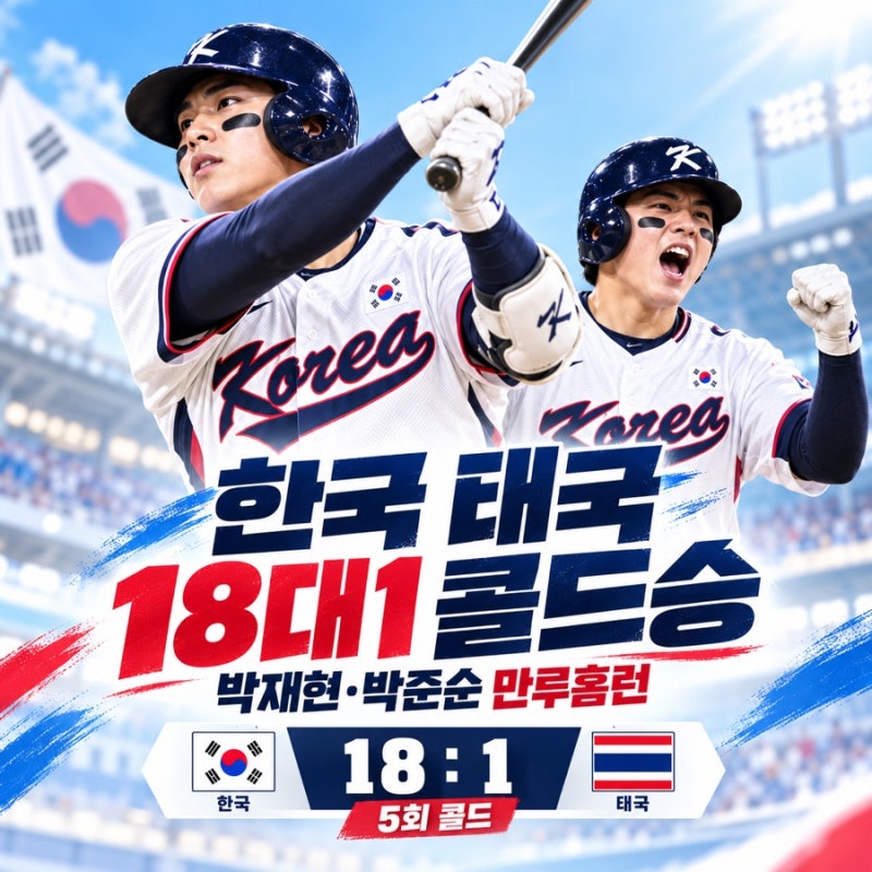 아시안게임 야구 한국 태국 18대1 콜드승｜박재현·박준순 만루홈런