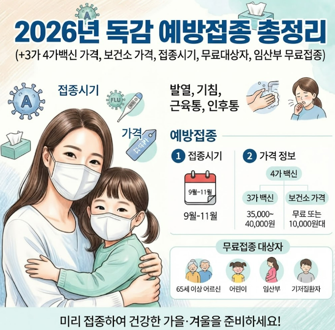 2026 독감 예방접종 총정리(+3가 4가백신 가격, 보건소 가격, 접종시기, 무료대상자, 임산부 접....