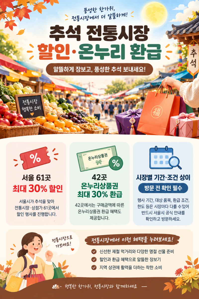 2026 추석 전통시장 할인 총정리! 서울 61곳 최대 30%·온누리 환급 받는 방법