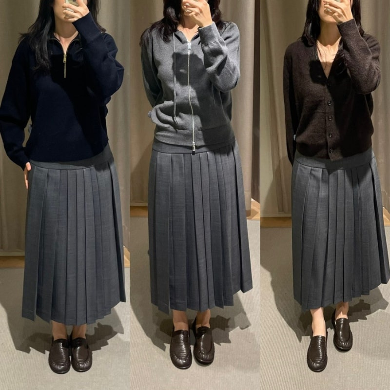 Massimo dutti 마시모두띠 FW | 플리츠 스커트, 그레이 니트 후드집업, 네이비 아노락 집업, 울 브....