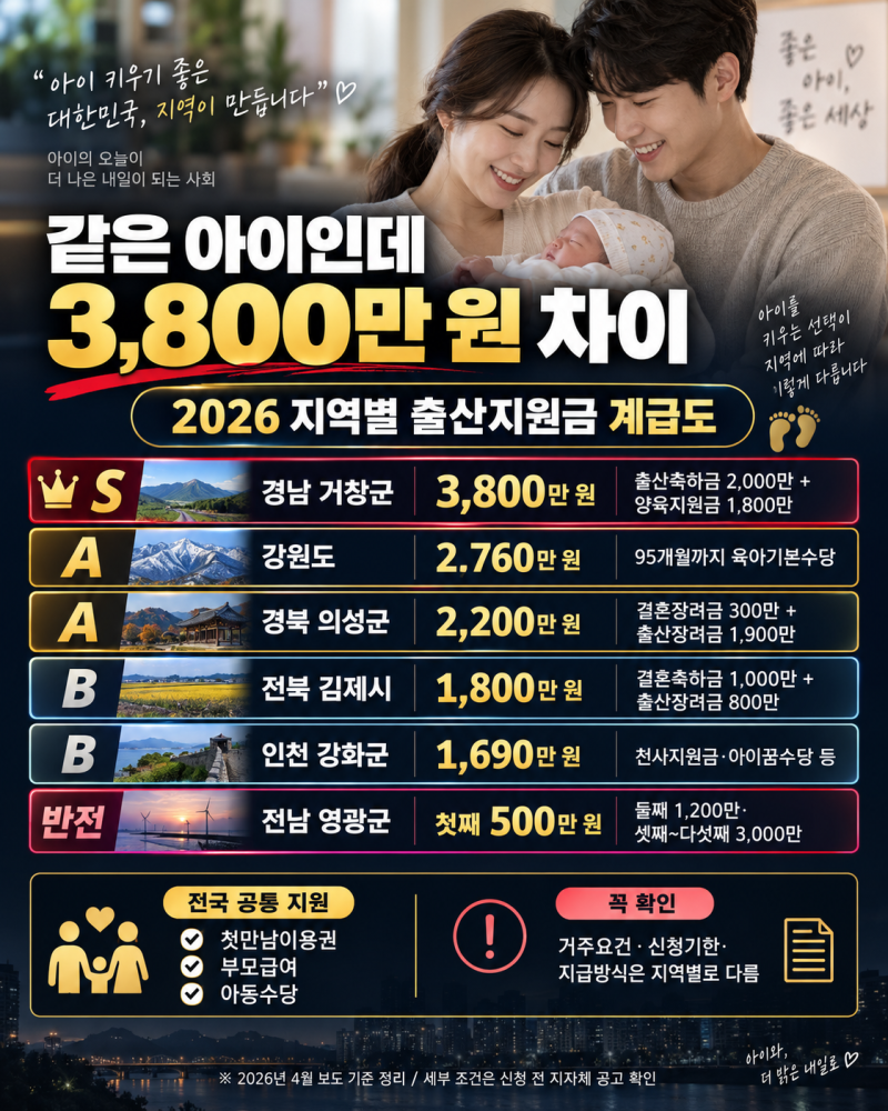 “같은 아이인데 3,800만 원 차이”…2026 지역별 출산지원금 계급도