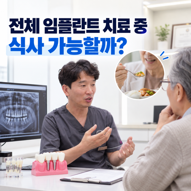 전체 임플란트 치료 중 식사, 임시치아로 첫날부터 씹고 저작력 90%까지 돌아오는 과정