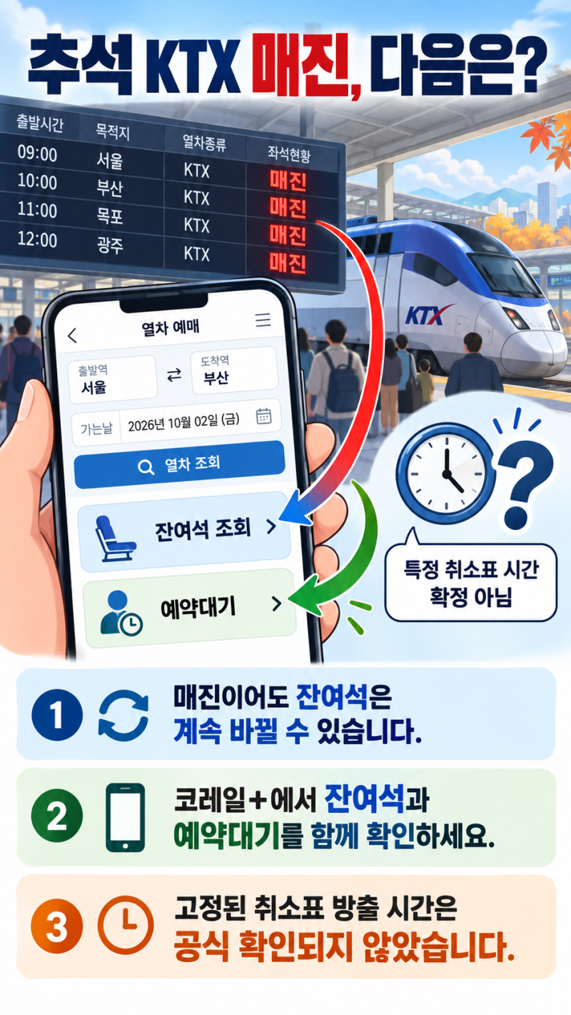 2026 추석 KTX 매진이라면? 코레일+ 취소표·예약대기·환불 위약금 확인 순서