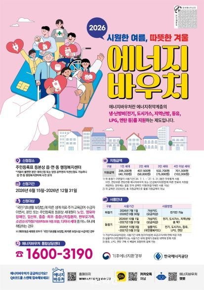 2026 에너지바우처 지원금액, 1인·2인·3인·4인 가구별 얼마?