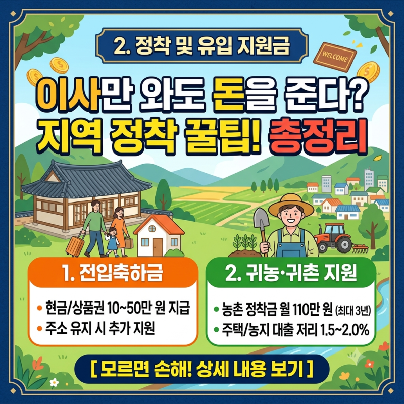 지방 이사만 해도 지원금이? 2026 정착지원금 & 귀농귀촌 혜택 총정리 (전입축하금, 영농정착....