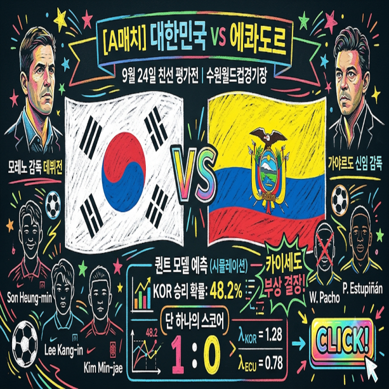 [A매치] 대한민국 VS 에콰도르 (9월 24일) 모레노호 데뷔전, 카이세도 빠진 남미 강호 상대로 퀀....