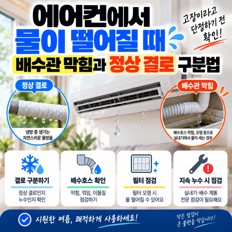 에어컨에서 물이 떨어질 때｜배수관 막힘과 정상 결로 구분법