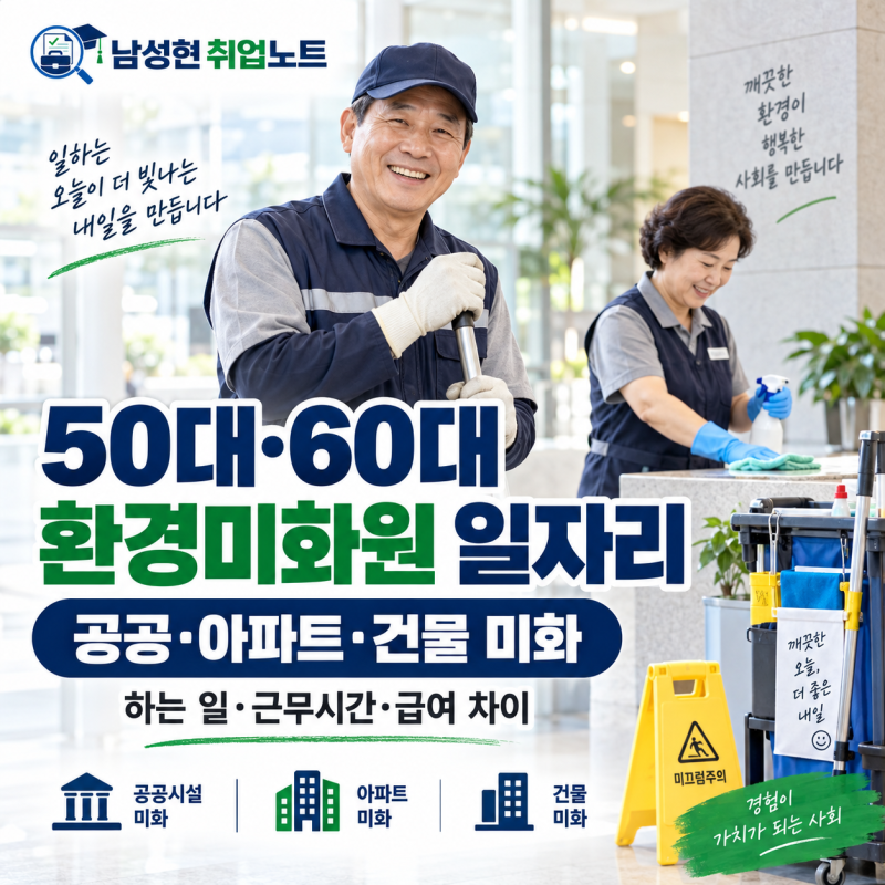50대·60대 환경미화원 일자리｜공공·아파트·건물 미화 하는 일·근무시간·급여 차이