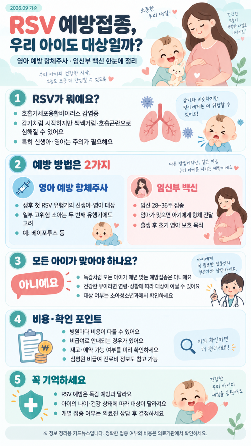 RSV 예방접종 총정리｜신생아 접종 대상·시기·비용·독감 백신 차이