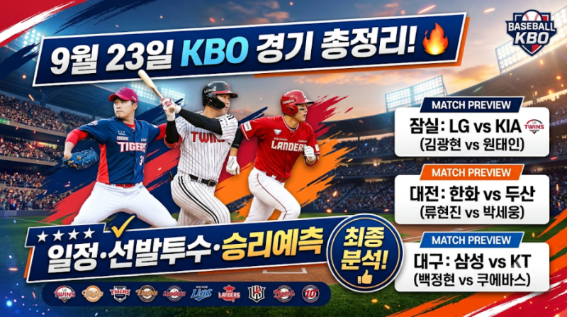 오늘의 KBO 프로야구 일정 총정리! 9월 23일 경기 일정·선발투수·승리예측