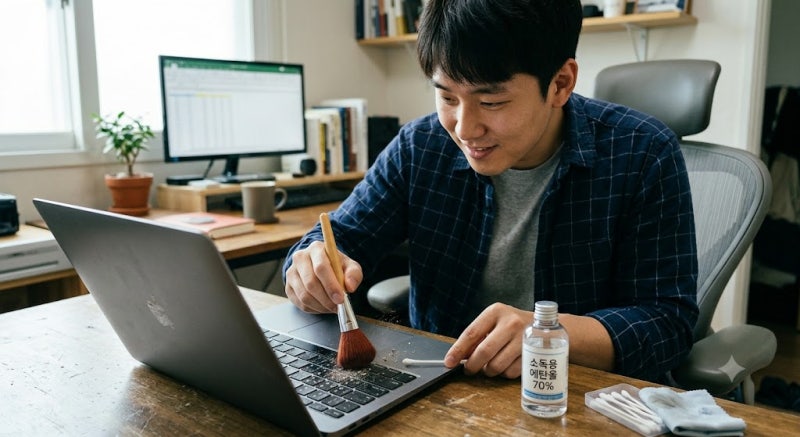 노트북 키보드 사이사이 낀 먼지, 안 쓰는 메이크업 브러시와 소독용 에탄올로 5분 만에 청소....