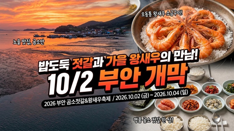 서해안 가을 미식이 한곳에!｜2026 부안 곰소젓갈&왕새우축제 총정리·김나희·왕새우·교통 ....