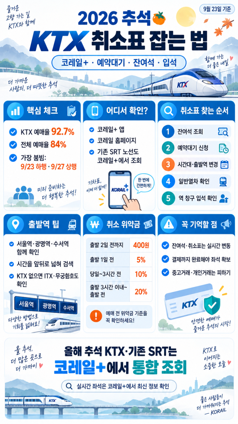2026 추석 KTX 취소표 잡는 법｜코레일+ 잔여석·예약대기·입석, SRT는 어디서 예매할까?