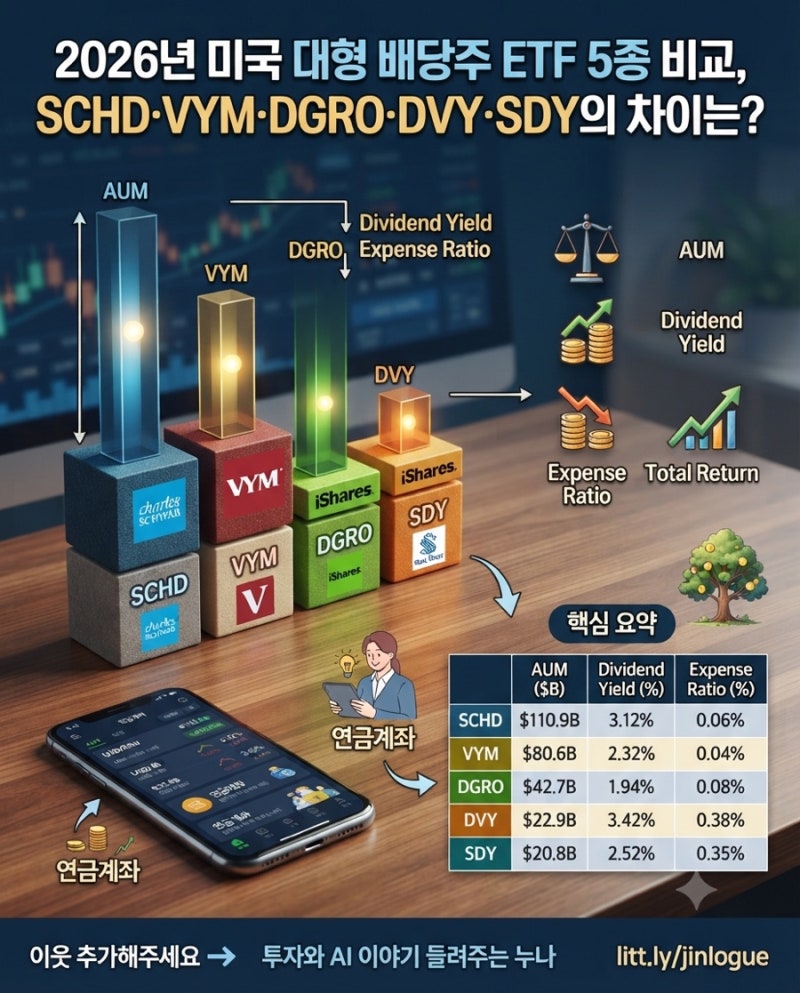 2026년 미국 대형 배당주 ETF 5종 비교, SCHD·VYM·DGRO·DVY·SDY의 차이는?