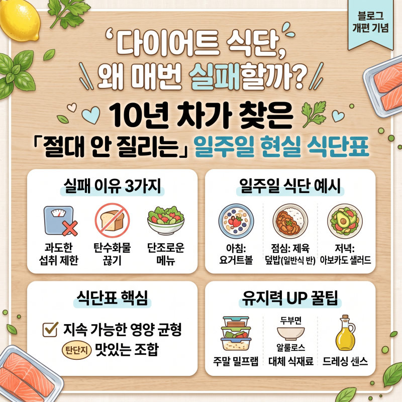 "다이어트 식단, 왜 매번 실패할까? 10년 차가 찾은 '절대 안 질리는' 일주일 현실 식단표 "