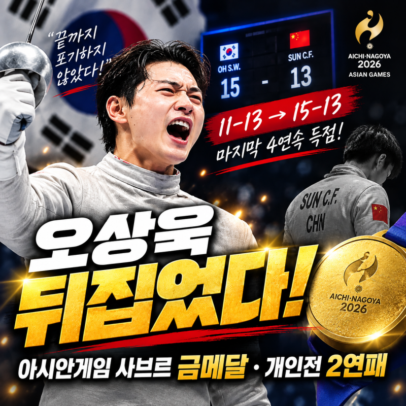 펜싱 오상욱, 남자 사브르 개인전 금메달 15-13 뒤집었다(프로필,나이,키,인스타,AG2연패)