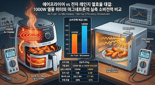 에어프라이어 vs 전자레인지 열효율 대결: 1000W 열풍 히터와 마그네트론의 실측 소비전력 비....