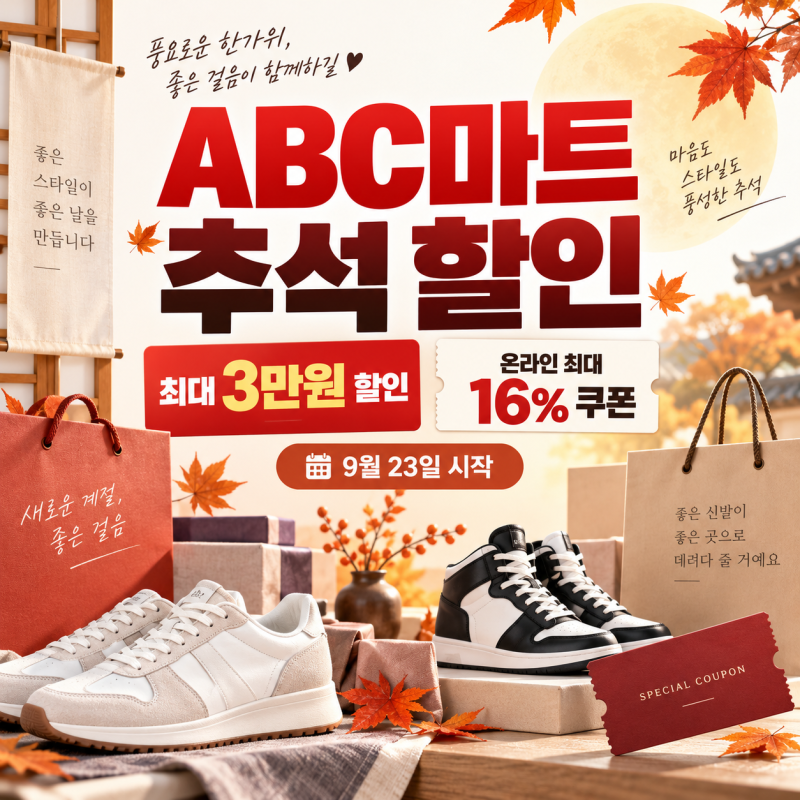 ABC마트 추석 할인 최대 3만원(온라인 16% 쿠폰·5% 중복 할인)