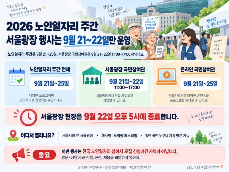 2026 노인일자리 주간｜9월 21·22일 서울광장 행사와 운영시간