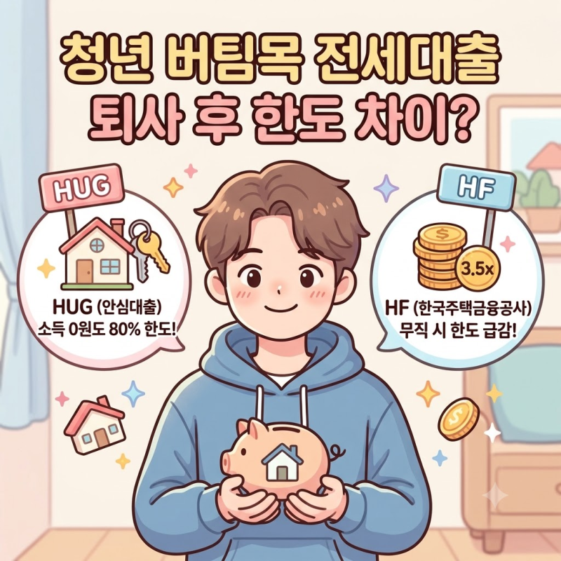 청년 버팀목 전세대출 퇴사 후 무직자 한도 차이? HUG vs HF 소득 인정 총정리