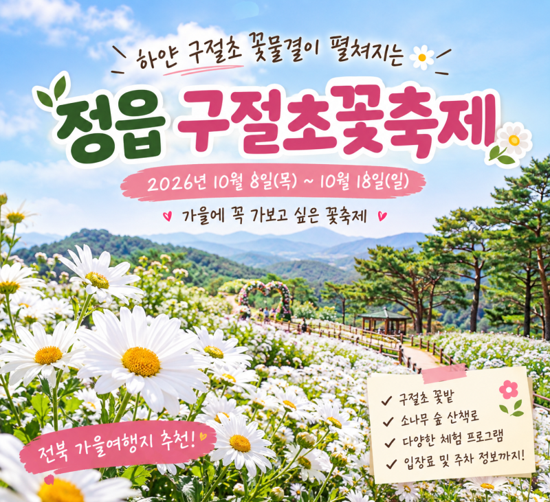 [정읍 가볼만한곳] 2026 정읍 구절초 꽃축제 일정, 장소, 주차 및 관람 꿀팁 총정리!