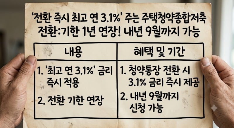 "전환 즉시 최고 연 3.1%" 주는 주택청약종합저축 전환:기한 1년 연장! 내년 9월까지 가능
