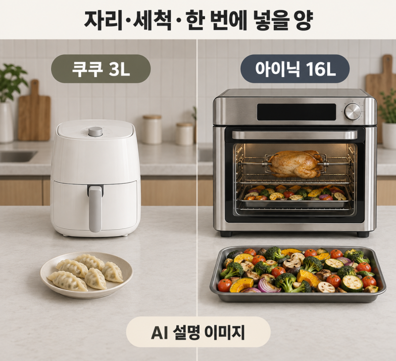 쿠쿠 미니 vs 아이닉 올스텐, 에어프라이어 용량·세척 비교
