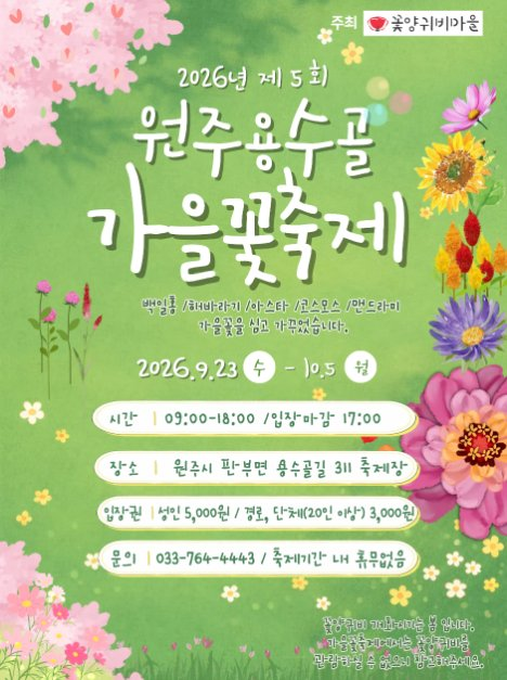 강원특별자치도 가볼만한곳 원주용수골가을꽃축제 2026 일정 주차 입장료 총정리