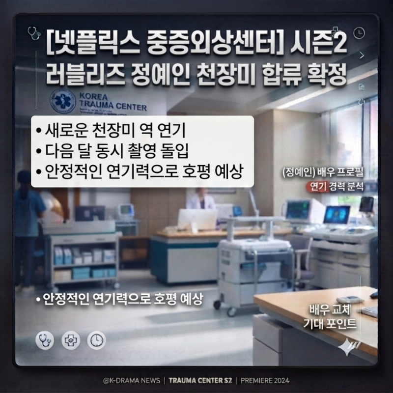 넷플릭스 중증외상센터 시즌2 하영 하차 빈자리, 러블리즈 정예인 천장미 합류 확정 (+촬영일....