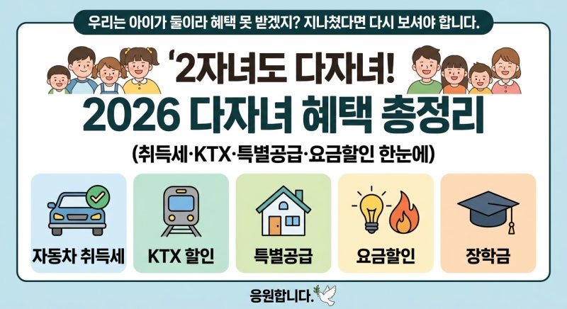 2자녀도 다자녀! 2026 다자녀 혜택 총정리 (취득세·KTX·특별공급·요금할인 한눈에)