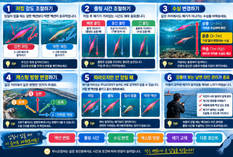 무늬오징어 입질이 없을 때 어떻게 해야 할까?｜9월 동해안 에깅 액션·폴링 방법