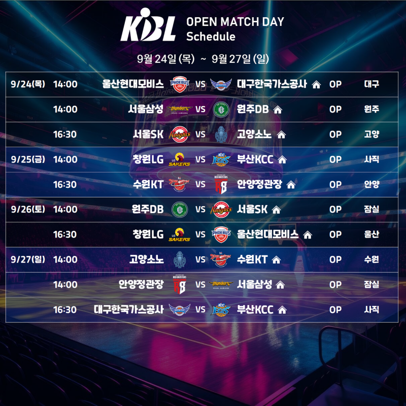 2026-2027 KCC 프로농구 OPEN MATCH DAY 경기일정 (9월 24일 ~ 9월 27일)