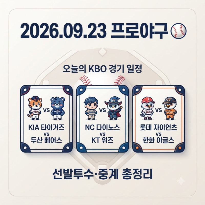 2026년 9월 23일 프로야구 경기 일정｜오늘 KBO 선발투수·중계 총정리 ⚾