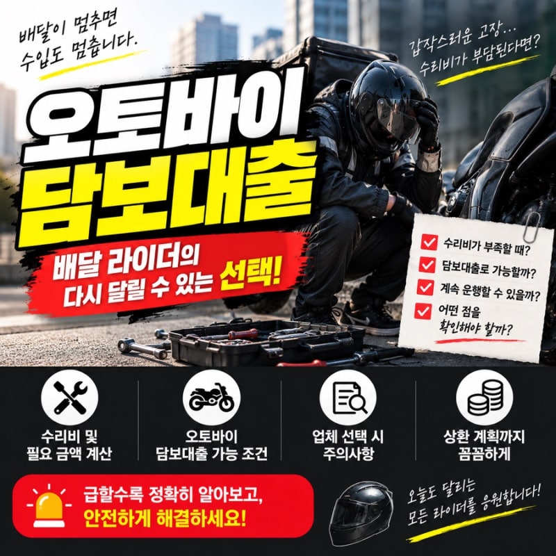 배달 중 오토바이가 고장 났는데 수리비가 부족하다면? 오토바이 담보대출 전 확인할 것