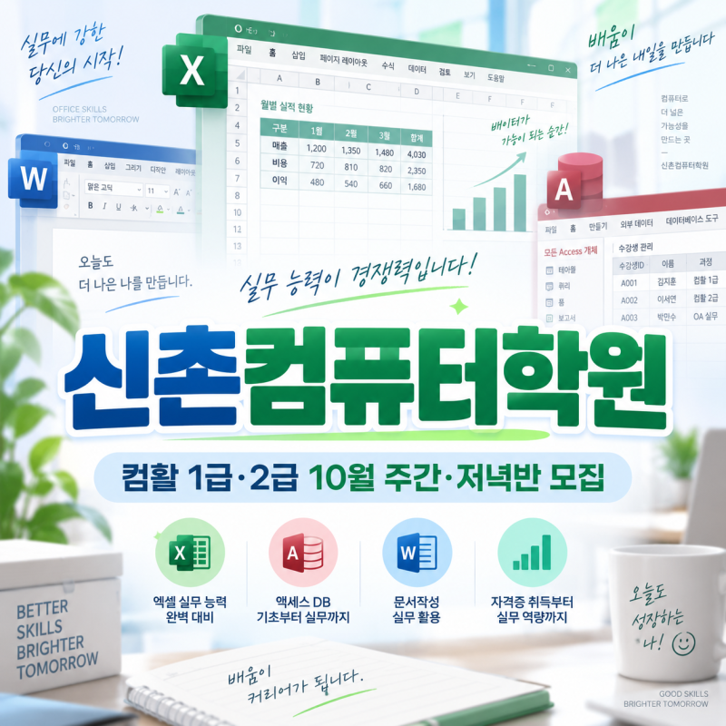 신촌컴퓨터학원 컴활 1급·2급 10월 주간·저녁반 모집