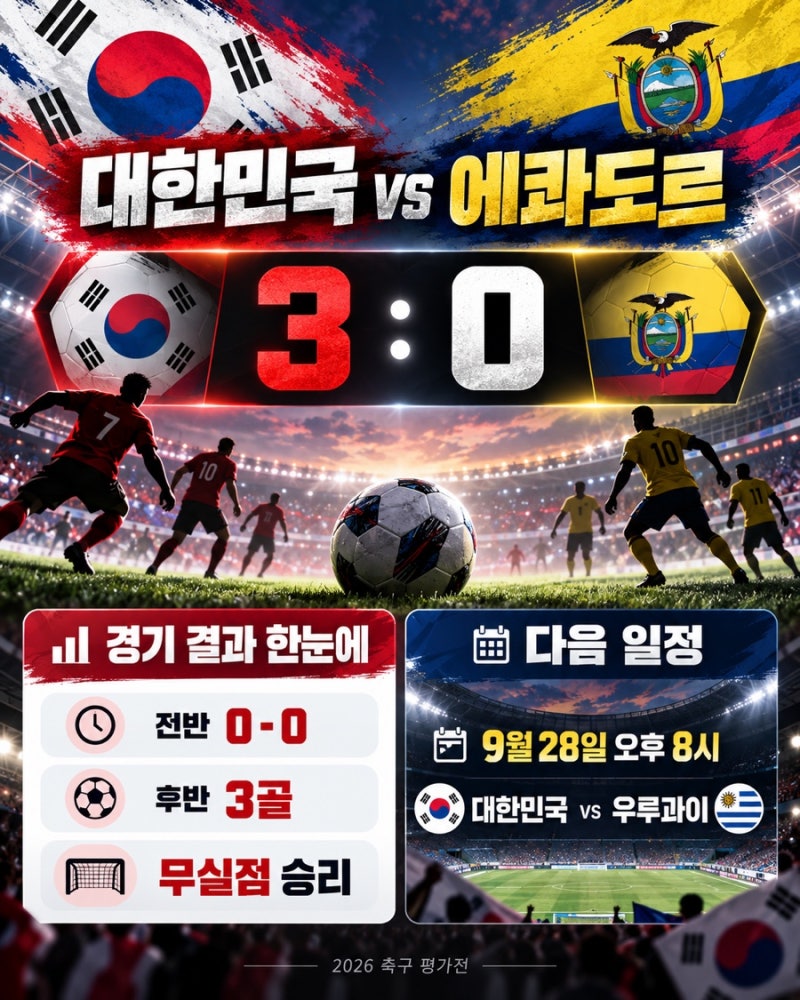 대한민국 에콰도르 축구 3대0 승리｜평가전 결과·선발 라인업·다음 우루과이전 일정