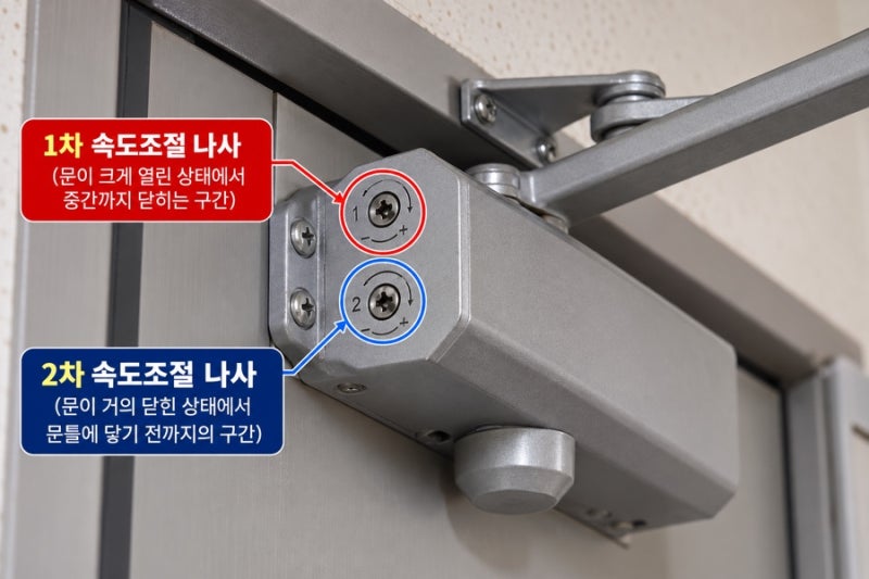 도어클로저 1차·2차 속도조절 나사 차이｜현관문 닫히는 구간별 조절법