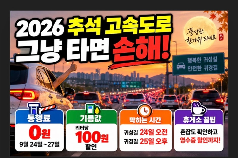 2026 추석 고속도로 그냥 타면 손해! 통행료 무료부터 기름값 할인까지 총정리