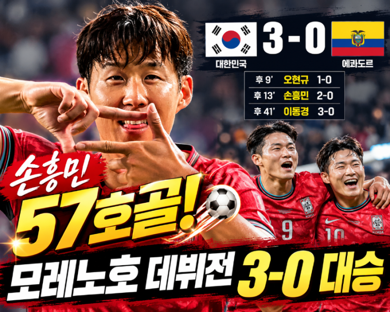 「 손흥민 미쳤다! 환상 프리킥 57호골…모레노호, FIFA 25위 에콰도르 3-0 완파 」