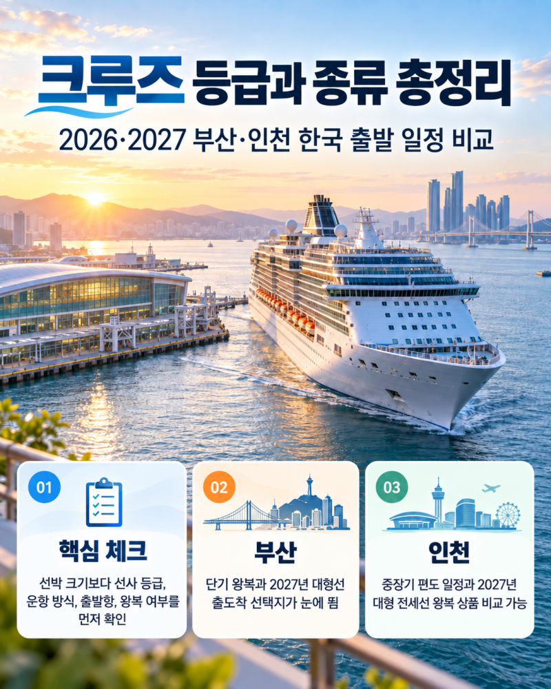 크루즈 등급과 종류 총정리｜2026·2027 부산·인천 한국 출발 일정 비교