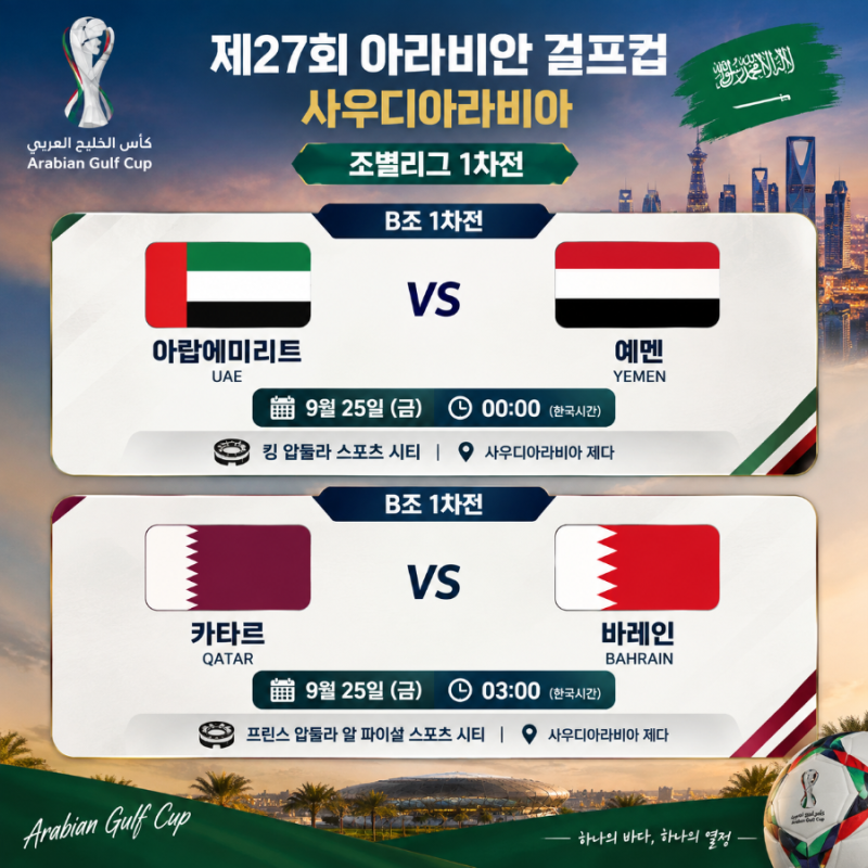 2026 걸프컵 B조 1차전｜ 아랍에미리트 vs 예멘 · 카타르 vs 바레인